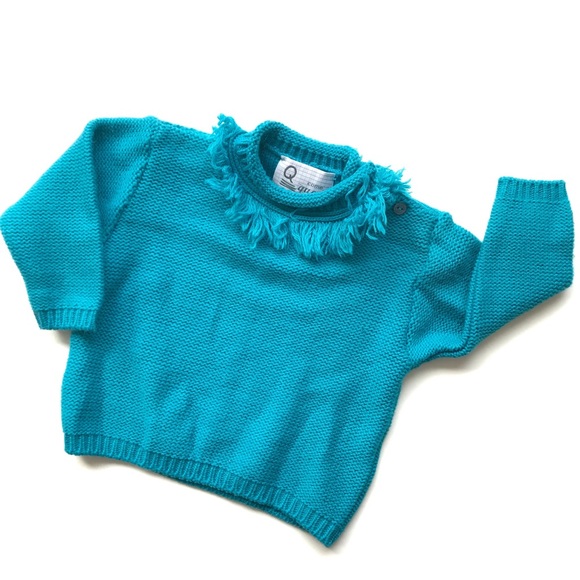 NWT Italian Brown Jumper Dress Blue Fringe Chunky Sweater Set Girls Sz 12 Months - Picture 3 of 7